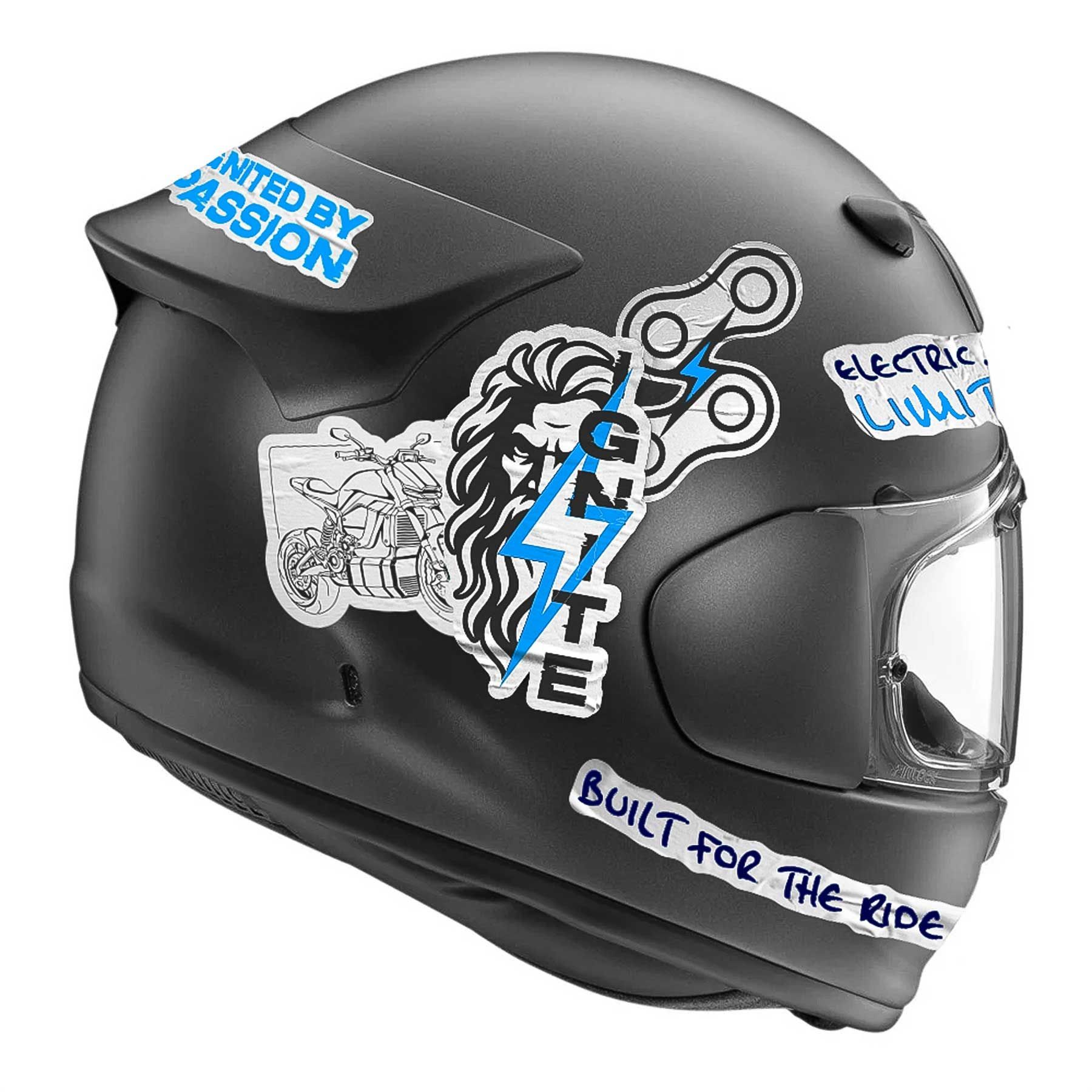 Black full-face motorcycle helmet with white and blue stylized graphics and decals.