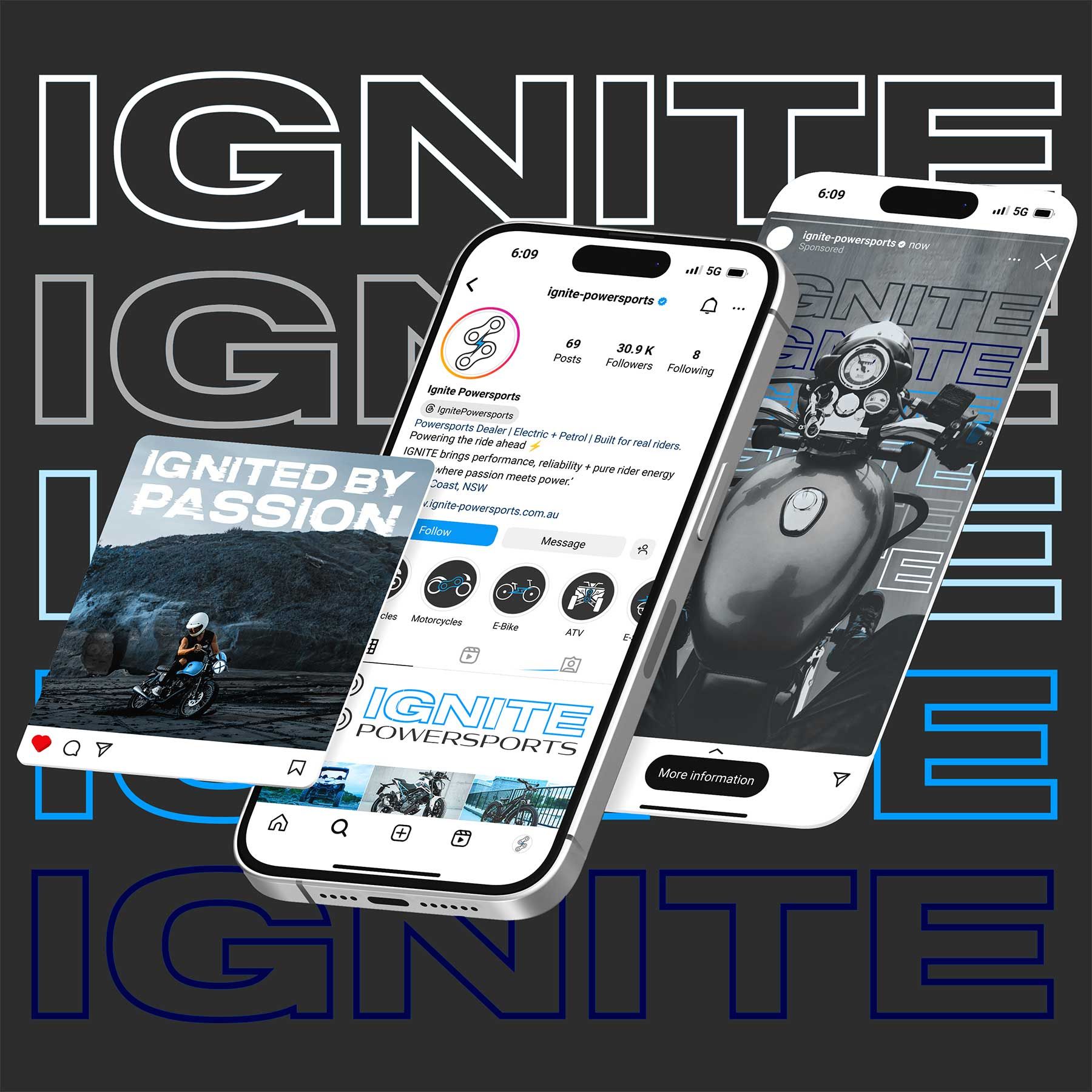 IGNITE Powersports social media branding shown on mobile screen featuring motorcycle branding.