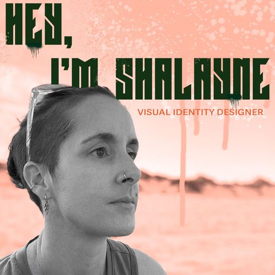 Portrait of a person with bold text “HEY, I’M SHALANYE” and “VISUAL IDENTITY DESIGNER” on a pink background