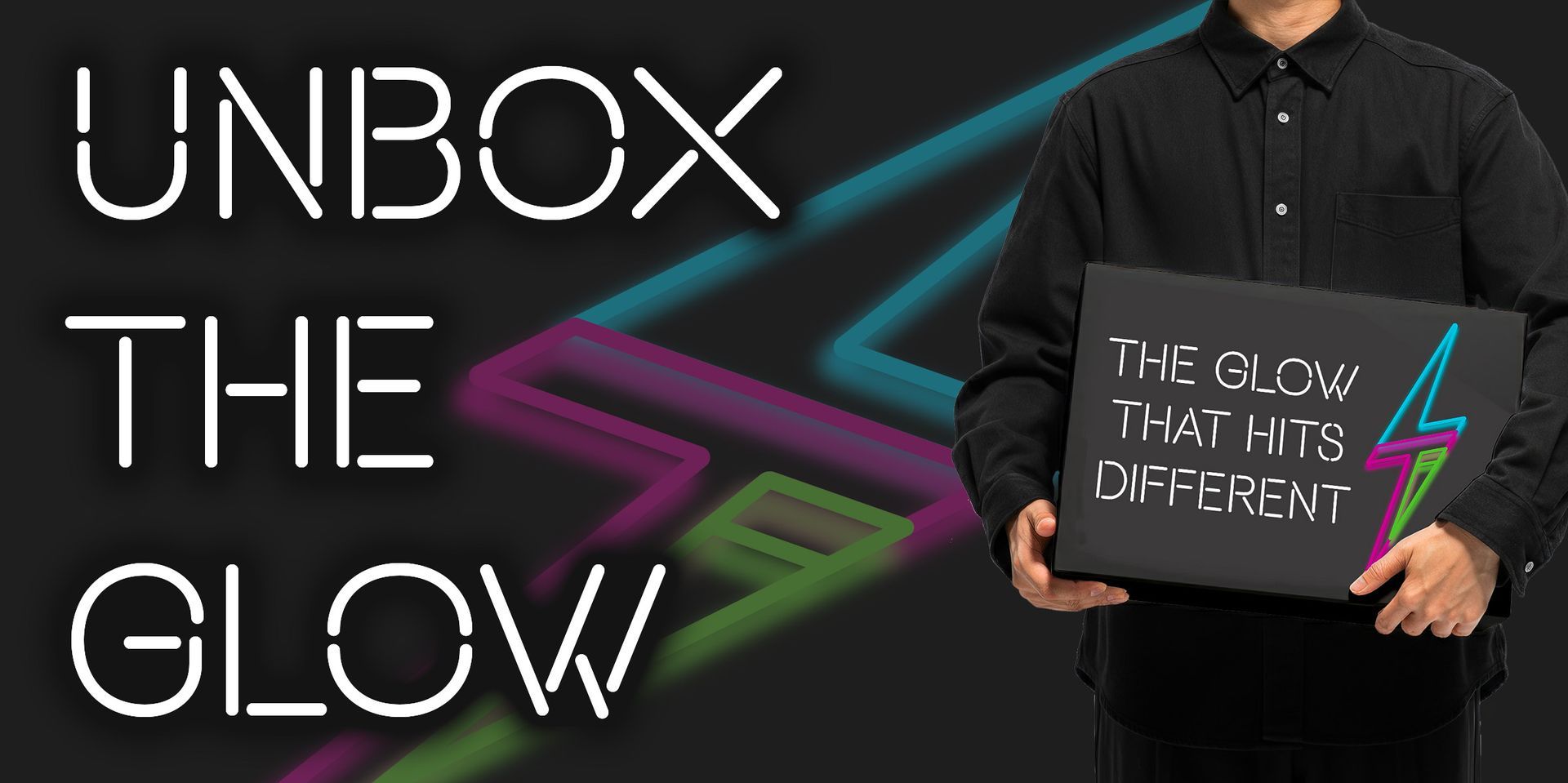 Neon promo graphic reading “UNBOX THE GLOW” with a person holding a glowing product box on the right