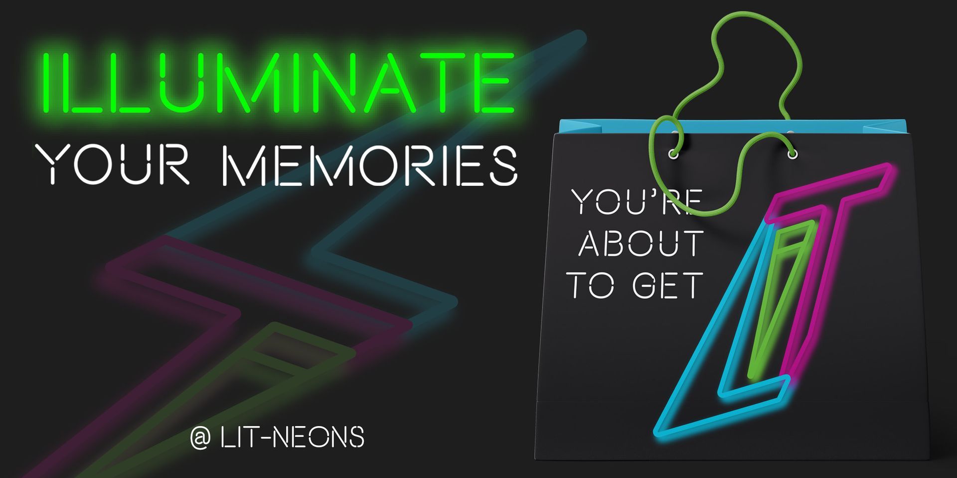 Neon “ILLUMINATE YOUR MEMORIES” poster with colorful abstract shapes and a silhouette outline.