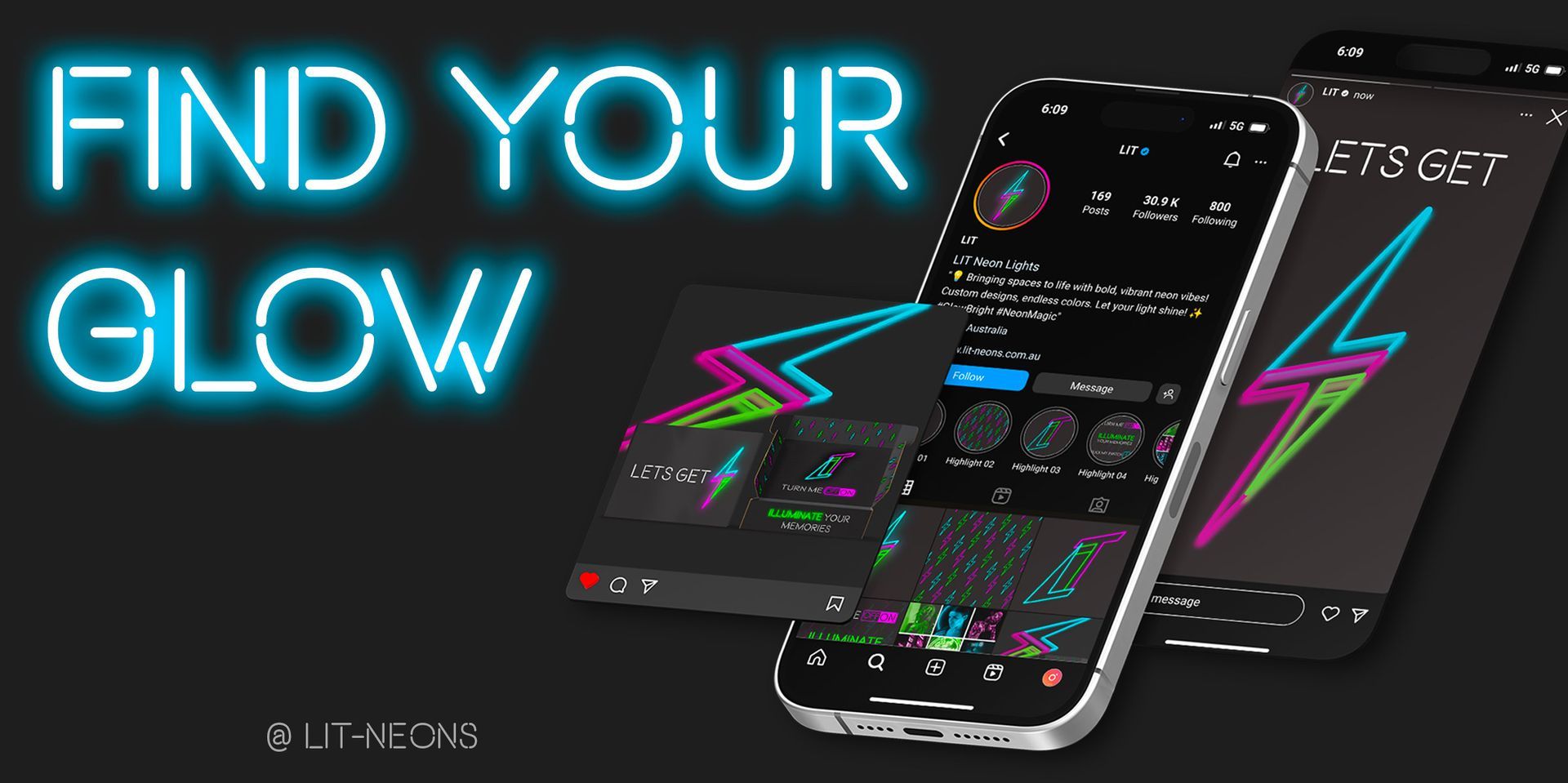 Neon gaming phone ad reading “FIND YOUR GLOW,” showing two smartphones with colorful lightning graphics