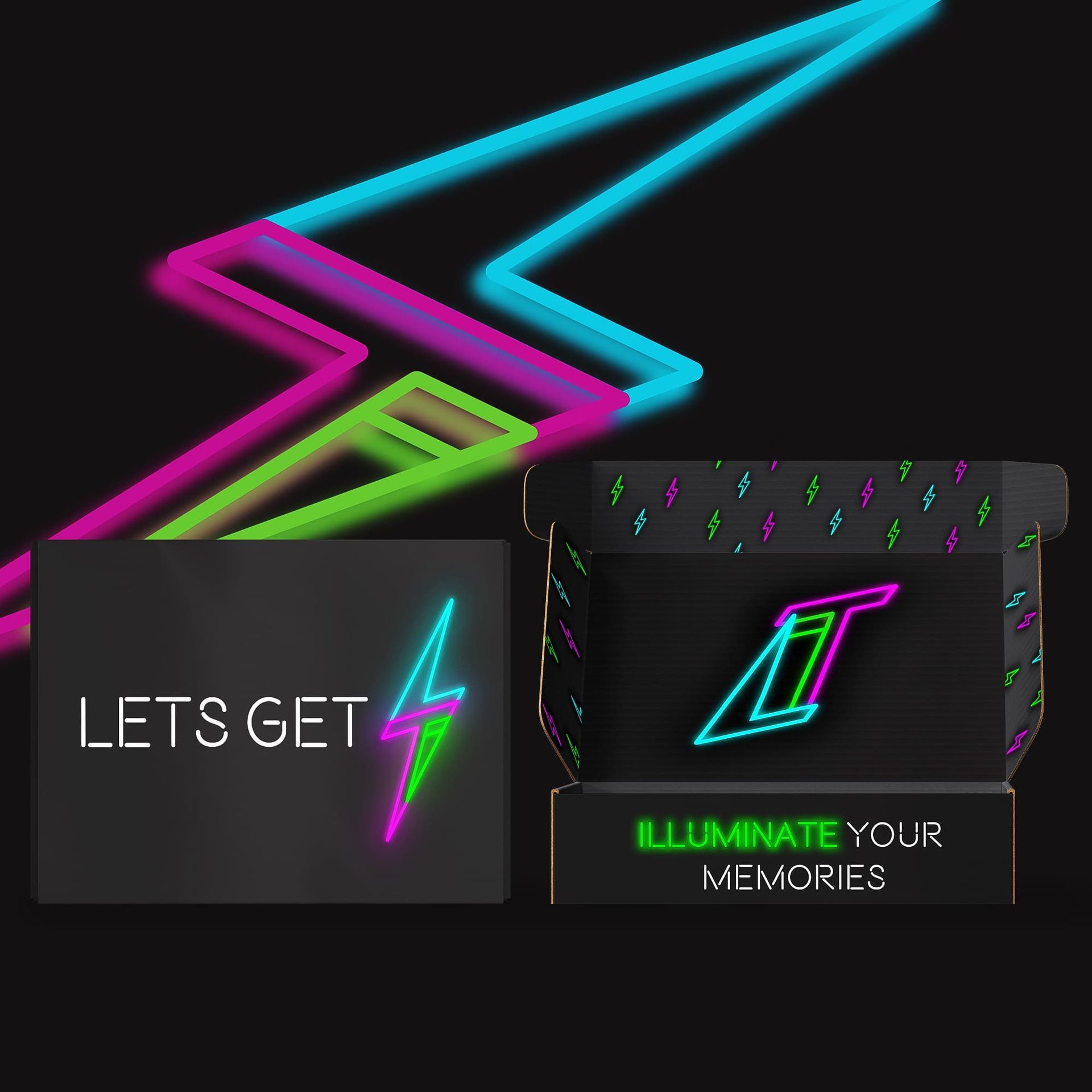 Neon lightning bolt promo graphic in pink, cyan, and green with “LET’S GET” text and logo on dark background