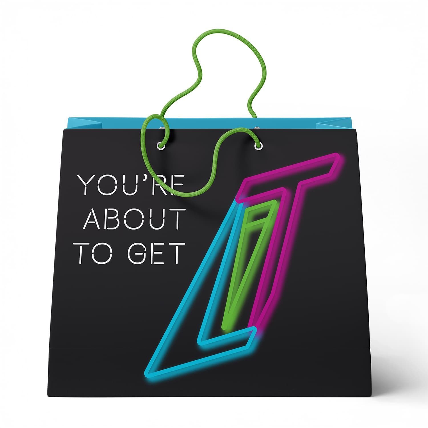 Black gift bag with neon “YOU’RE ABOUT TO GET” text and a colorful geometric “Z” design with green cord handles