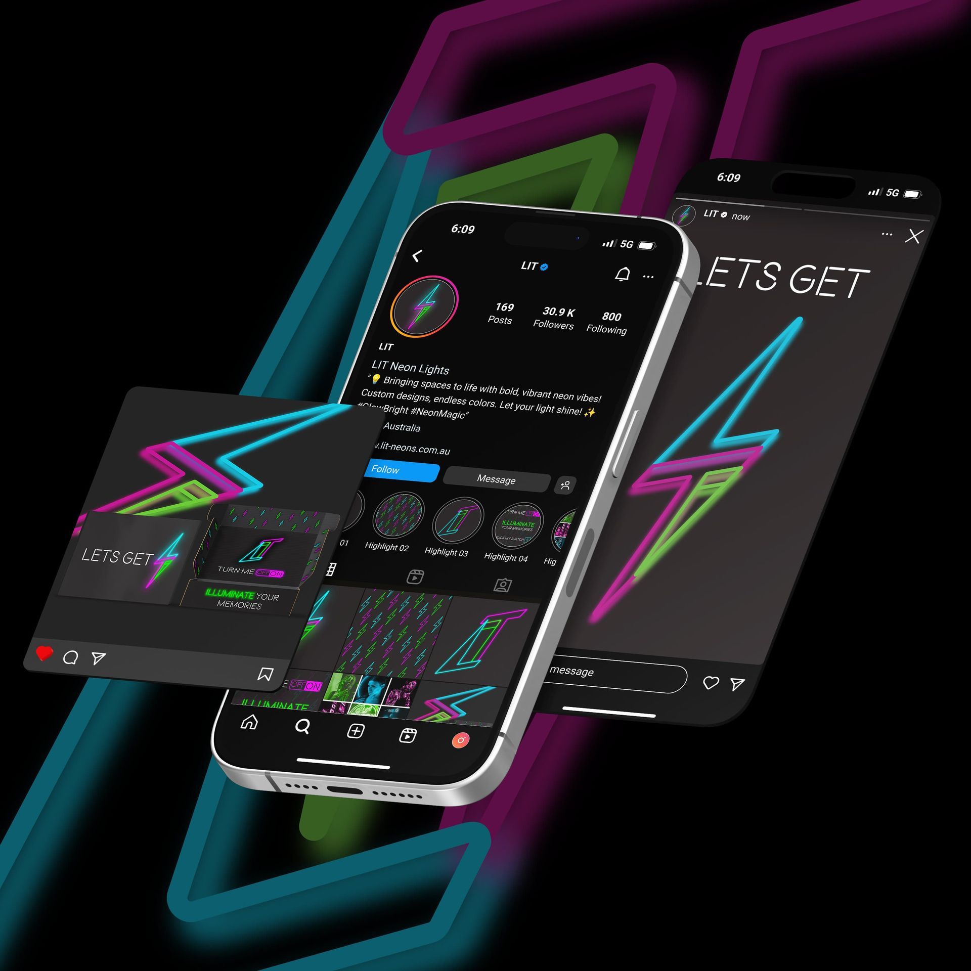 Three smartphones showing a neon purple, blue, and green lightning-bolt app design on a dark background