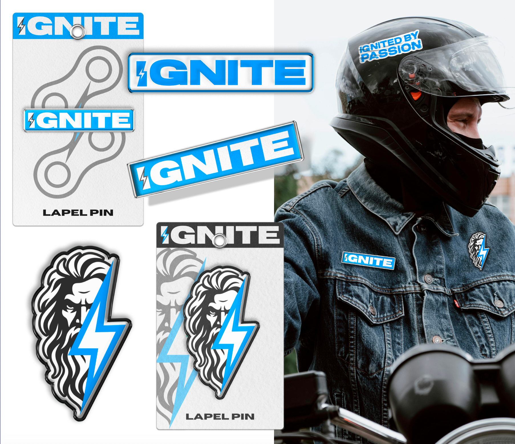 Blue-and-white IGNITE stickers and a biker wearing a black helmet and denim jacket