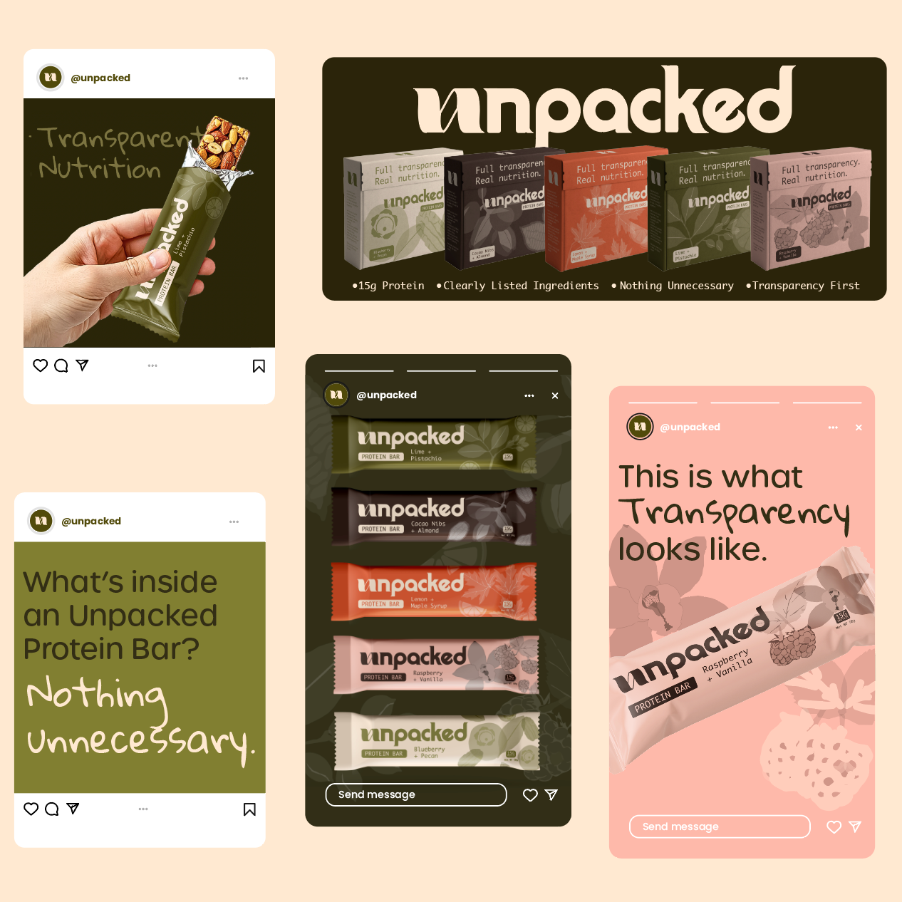 Collage of “unpacked” food package posts in brown, pink, and white, with a hand holding a boxed snack.