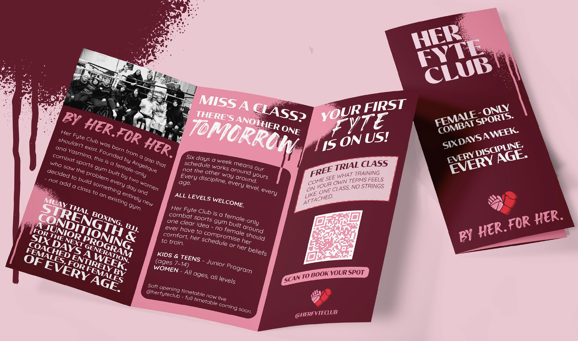 Maroon brochure spread with white text and a small heart logo on a pink background