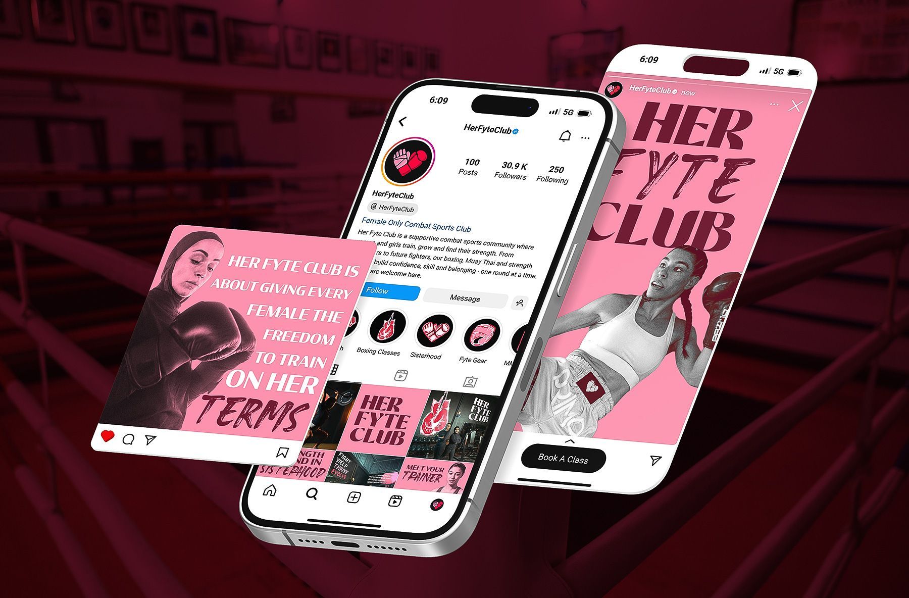 Three pink-themed phone screens display social media posts on a dark magenta background.