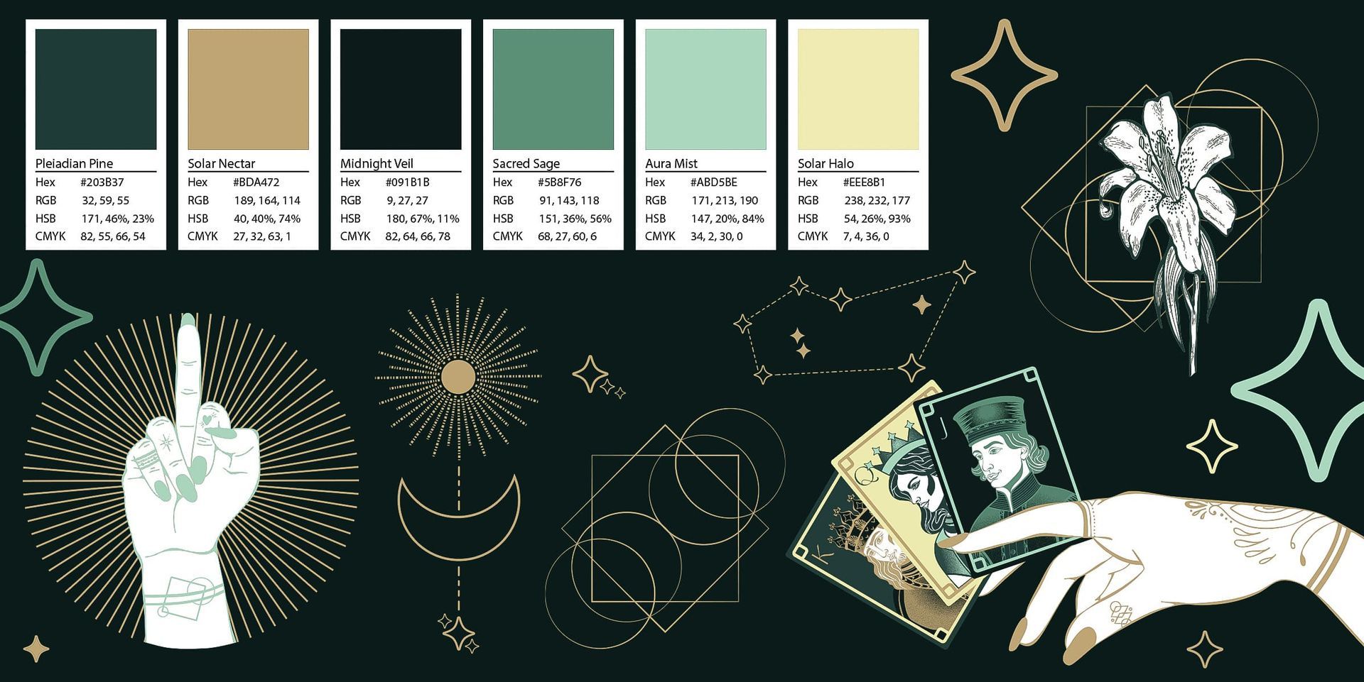 Hand holding photo cards and a deck on a dark green background with star doodles and color swatches above