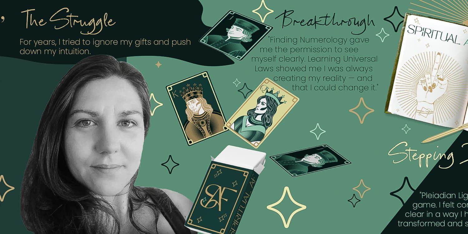 Black-and-white portrait beside a green chalkboard with floating cards, star doodles, and handwritten notes