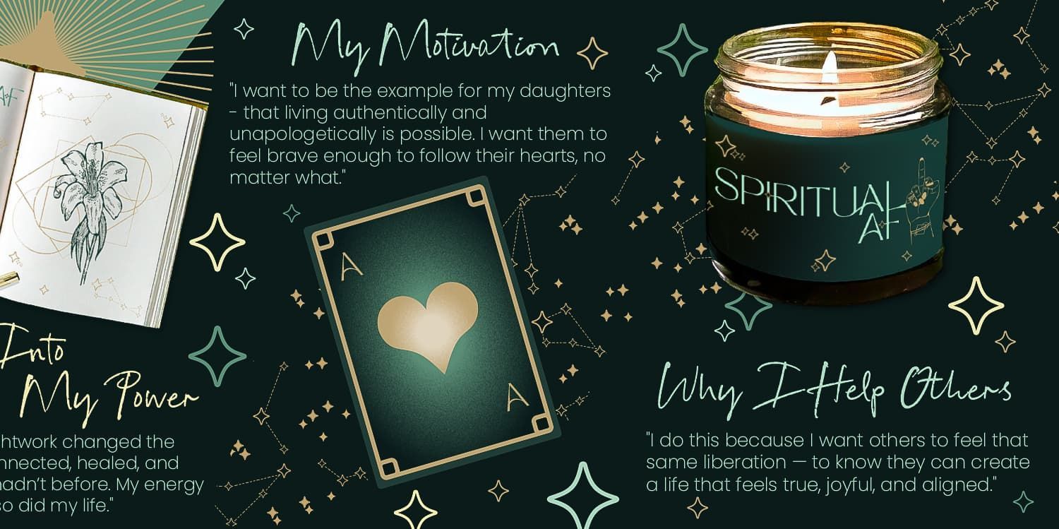 Glowing skincare flat lay with green journal, candle jar, heart card, and soft sparkles on a dark background
