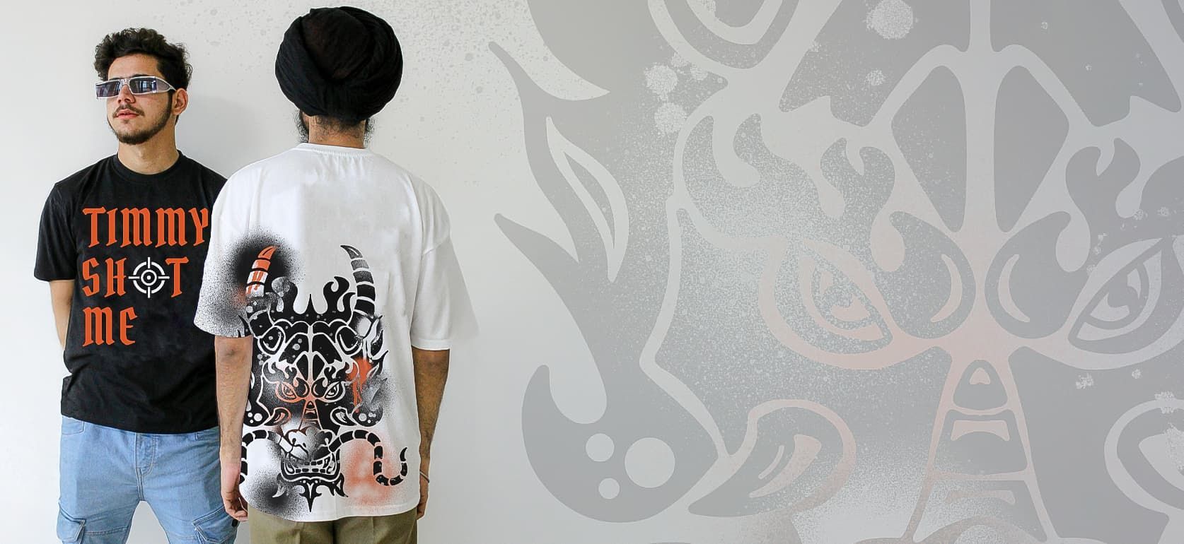 Two T-shirt models, front and back views, shown against a light gray patterned background.