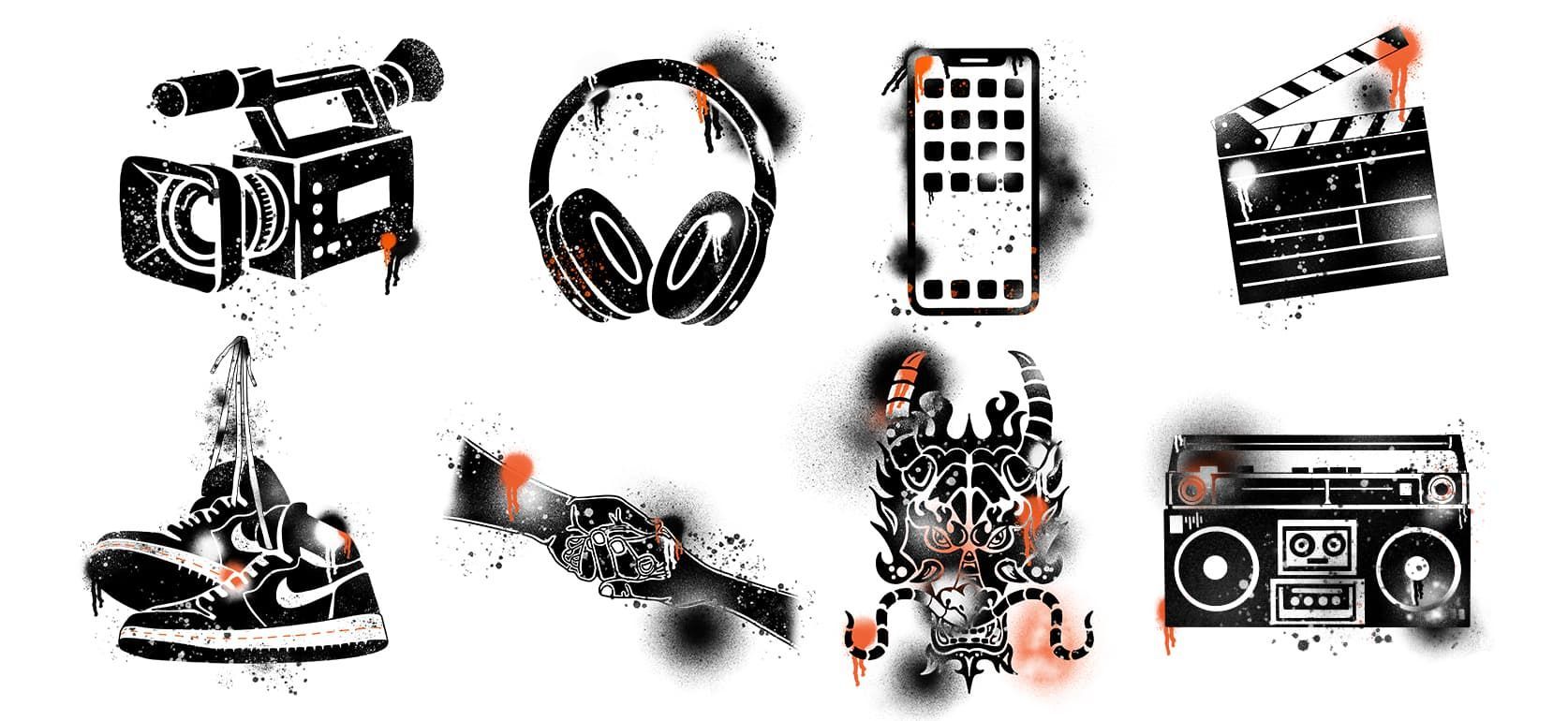 Black-and-white collage of media icons: camera, headphones, phone, clapperboard, record player, and boombox