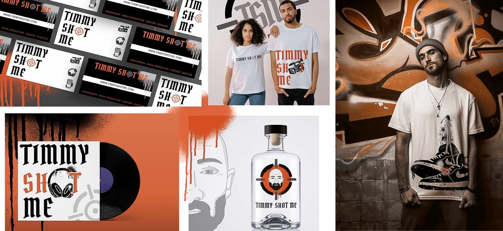 Creative collage of T-shirt designs and mockups in black, white, orange, and brown tones