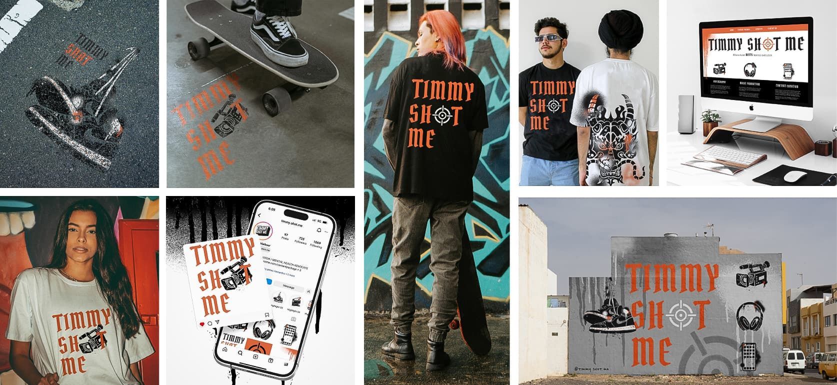 Collage of streetwear mockups on models, t-shirts, and a desktop design workspace in black, orange, and white.