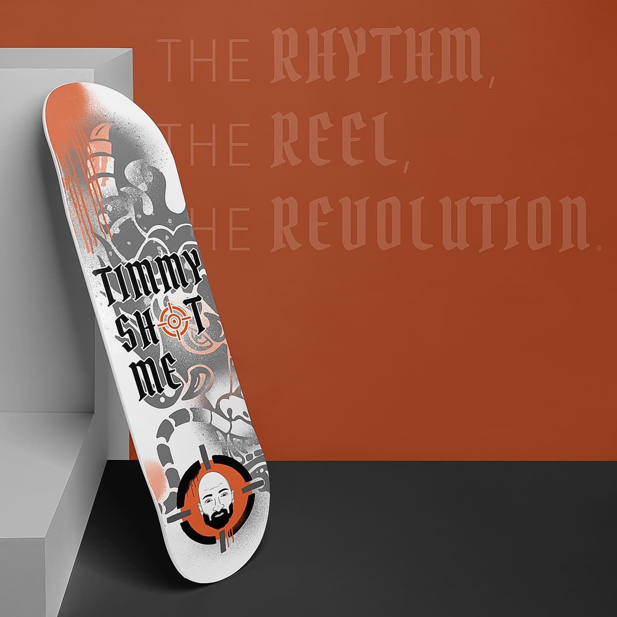 Graffiti-style skateboard leaning against a gray block on an orange wall background with faint text.