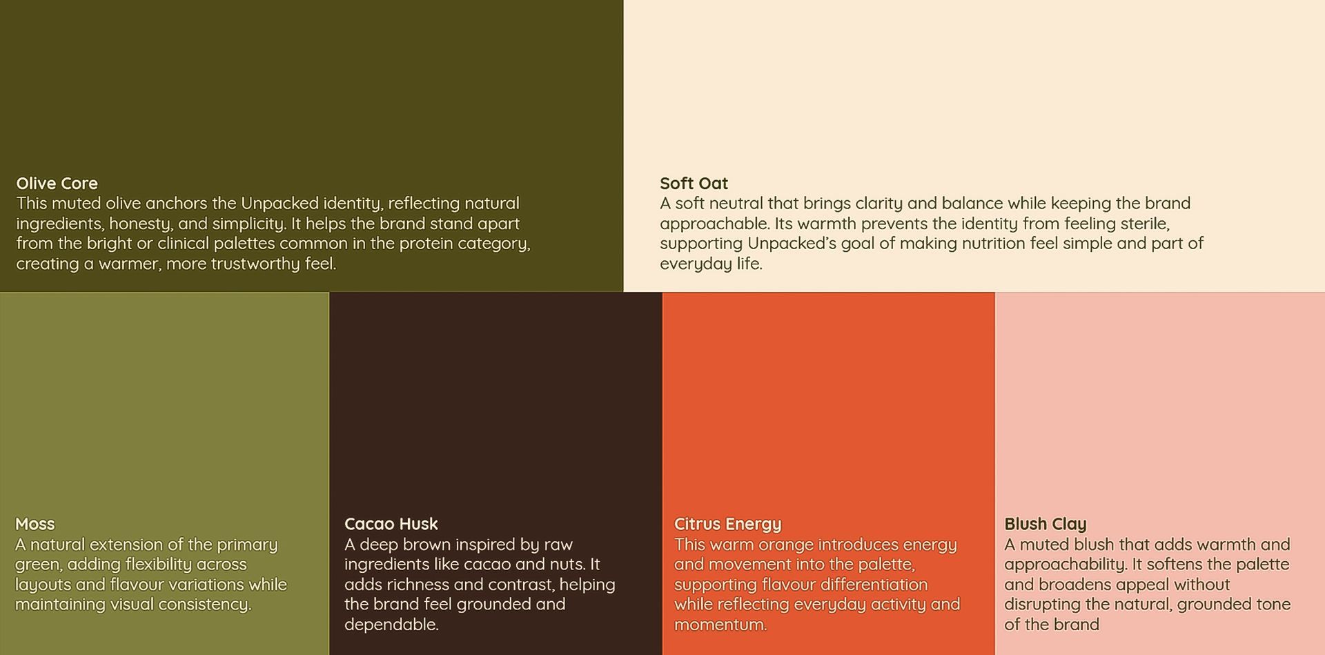 A color palette graphic featuring six colored rectangles, each paired with a short description of a corresponding design mood.