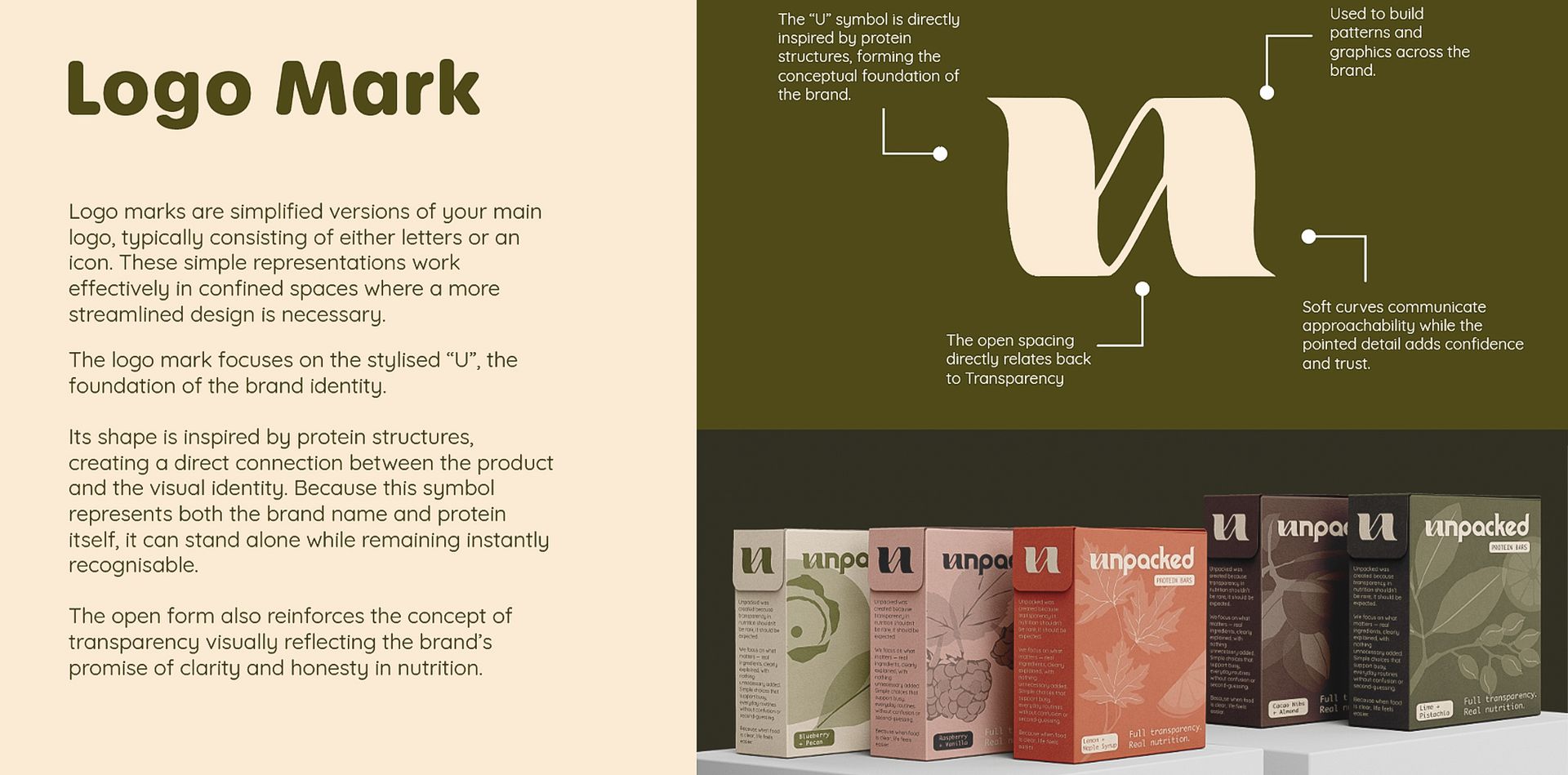 A branding sheet showing a logo mark 'N' with design annotations, alongside various product packaging in earthy tones.