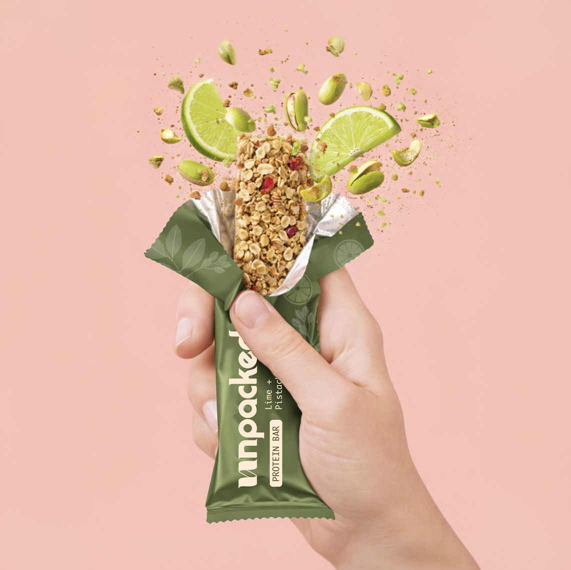 Hand holding a green snack bar with lime slices and nuts bursting out on a pink background