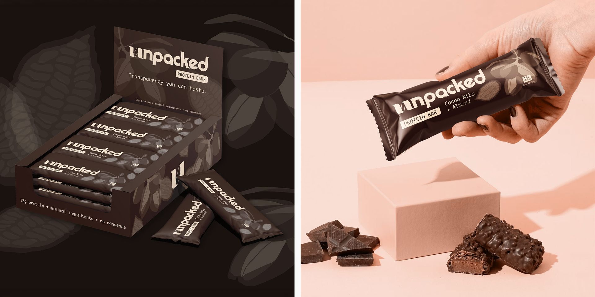 Promotional display of dark-wrapped chocolates and packaging on a brown background with a hand holding one bar