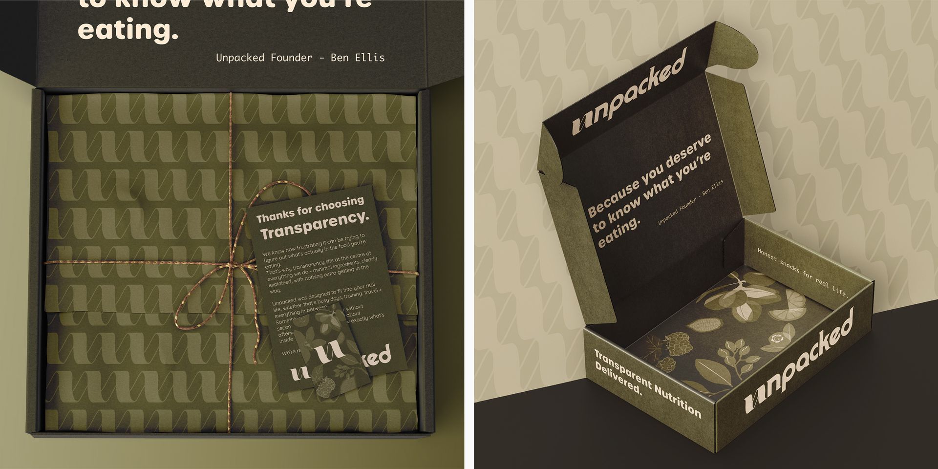 Open black gift box with green patterned lining and a small booklet inside, shown from two angles.