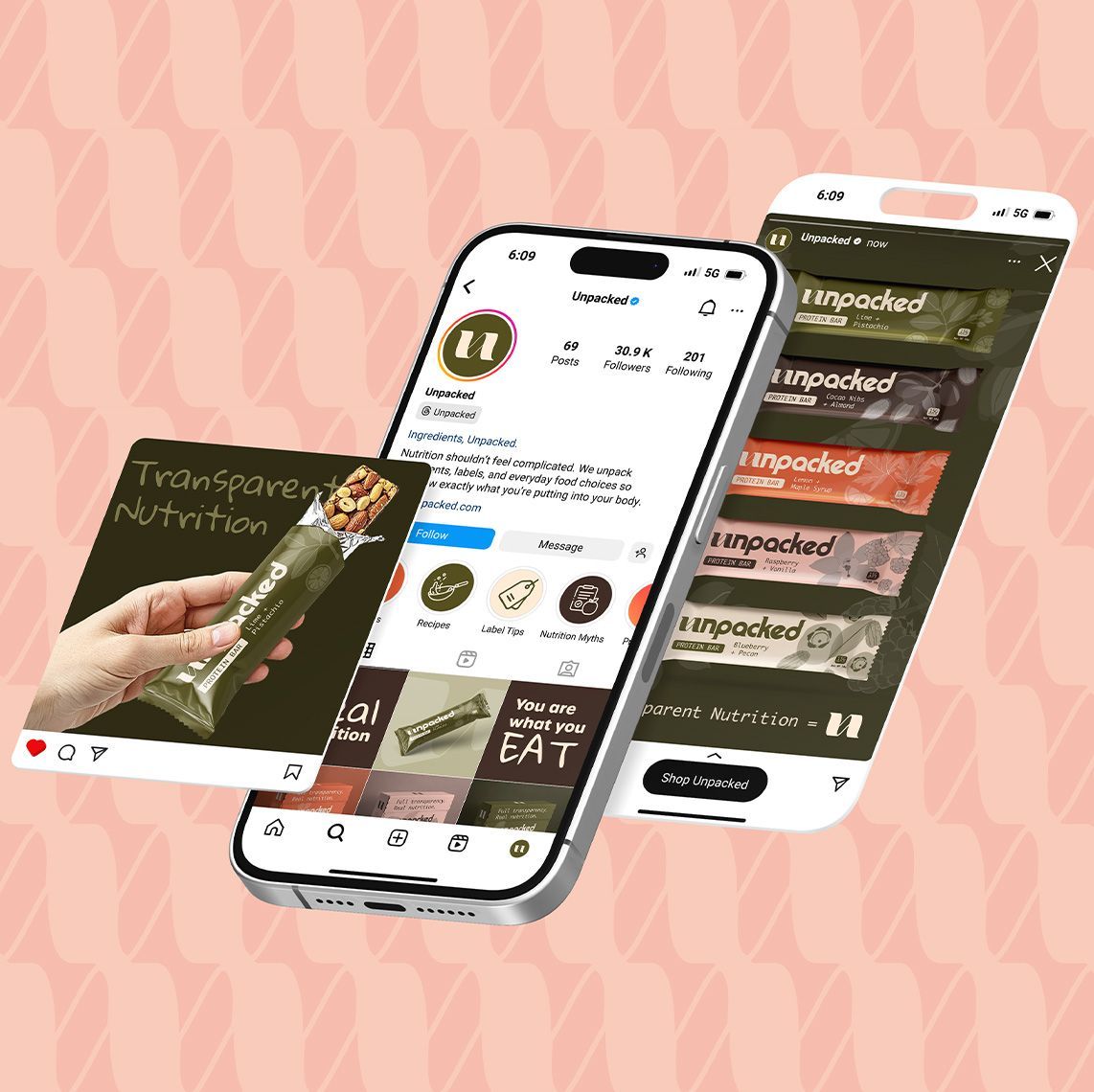 Three overlapping smartphone screens showing a food delivery app on a pink patterned background