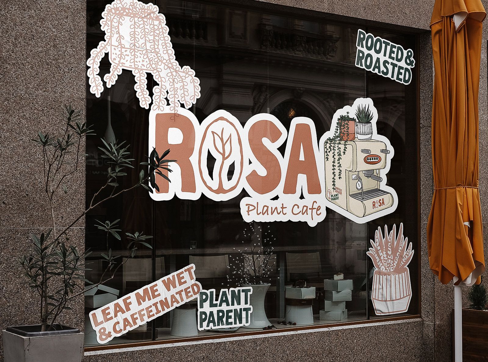 Storefront window with “ROSAE” and “Planned Parenthood” signs, plus other protest-style stickers.