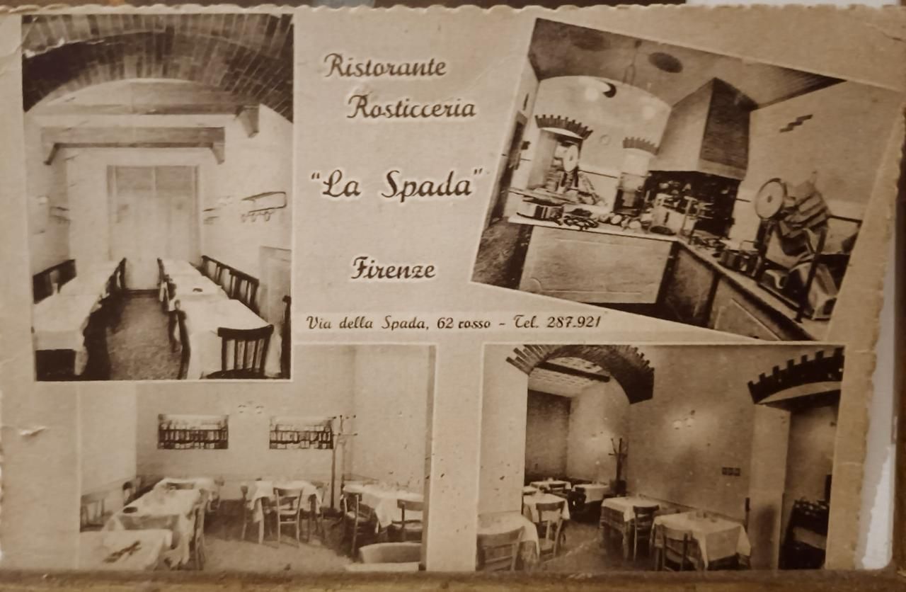 Sepia collage of restaurant interior photos labeled “Ristorante Pizzeria La Spada, Firenze”