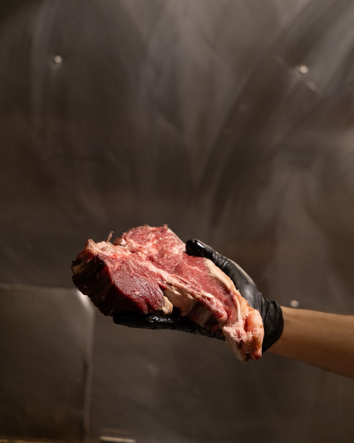 Mano che tiene una bistecca T-bone cruda su uno sfondo metallico.