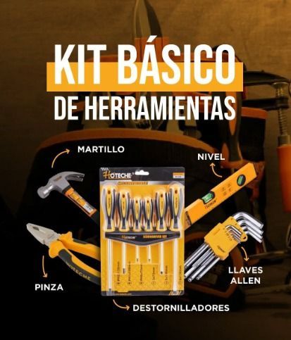 El kit de herramientas básico incluye martillo, alicates, destornilladores, nivel y llaves Allen.