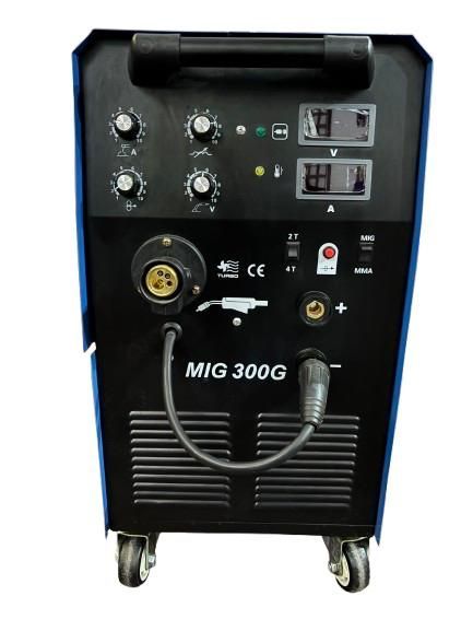 Máquina de soldar MIG azul y negra con controles, medidores y alimentación de alambre.