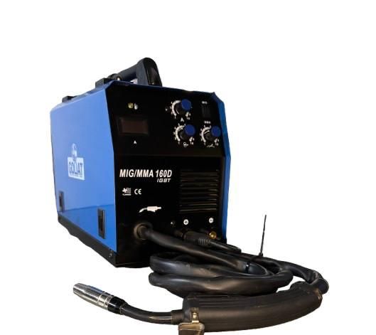 Maquina de soldar MIG azul y negra con controles y cables.
