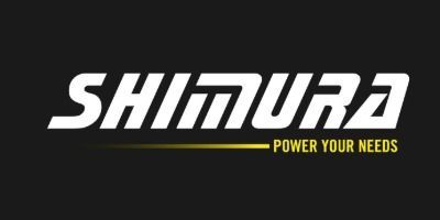 Logotipo de Shimura en blanco sobre fondo negro, con 