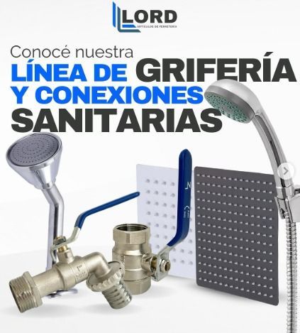 Anuncio de accesorios de baño: cabezales de ducha, válvulas y texto en español.