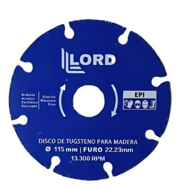 Hoja de sierra circular de color azul con la marca “LORD” e instrucciones de seguridad.