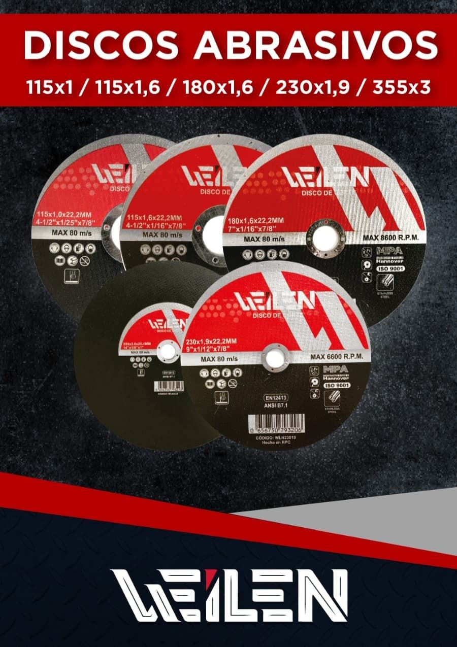 Discos abrasivos circulares de varios tamaños, con el logotipo de la marca 