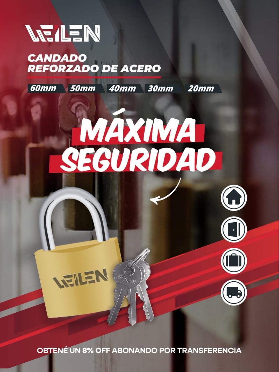 Anuncio de candado Weilen reforzado con acero. Muestra el candado con llaves e iconos para casa, puerta, maleta y camión.