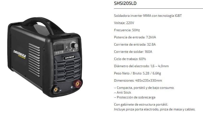 Máquina de soldar de color negro y amarillo, con mango y especificaciones enumeradas.
