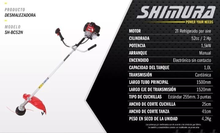 Una desbrozadora de hilo Shimura con especificaciones en español.