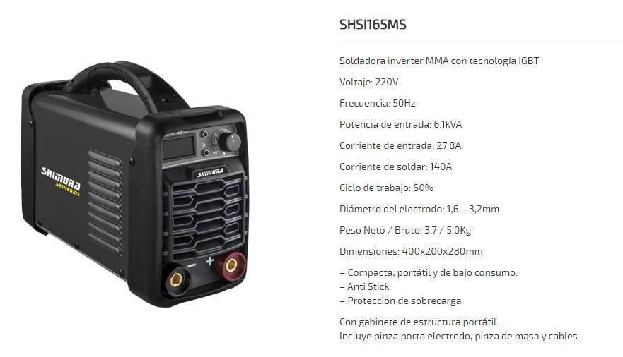 Máquina de soldar de color negro y amarillo con las especificaciones enumeradas al lado.