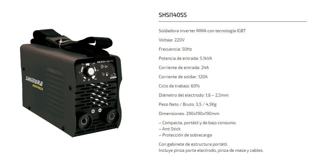 Maquina de soldar negra con especificaciones listadas.