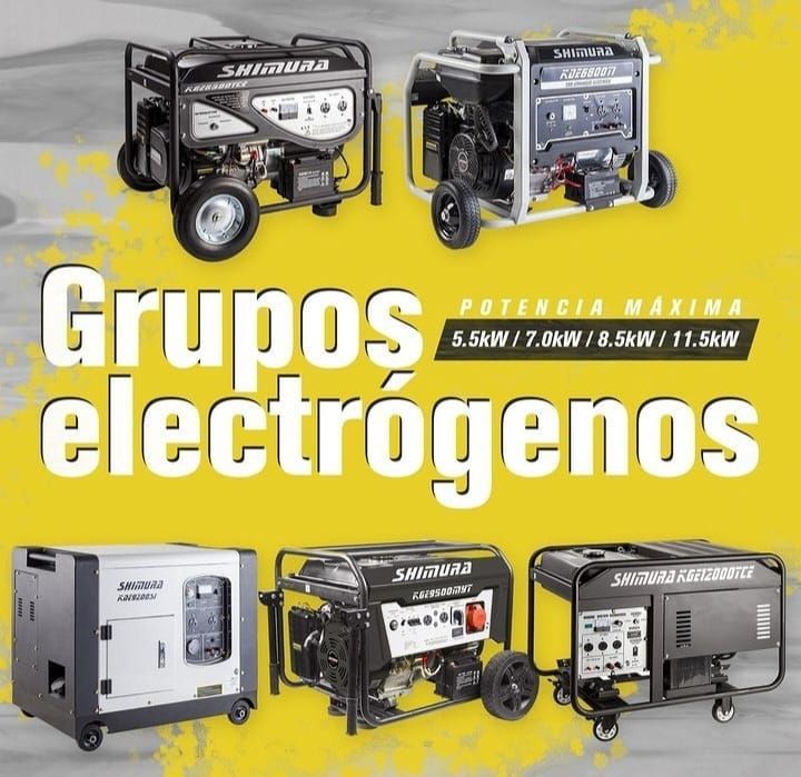 Anuncio de generadores: tres generadores arriba y tres abajo sobre fondo amarillo.