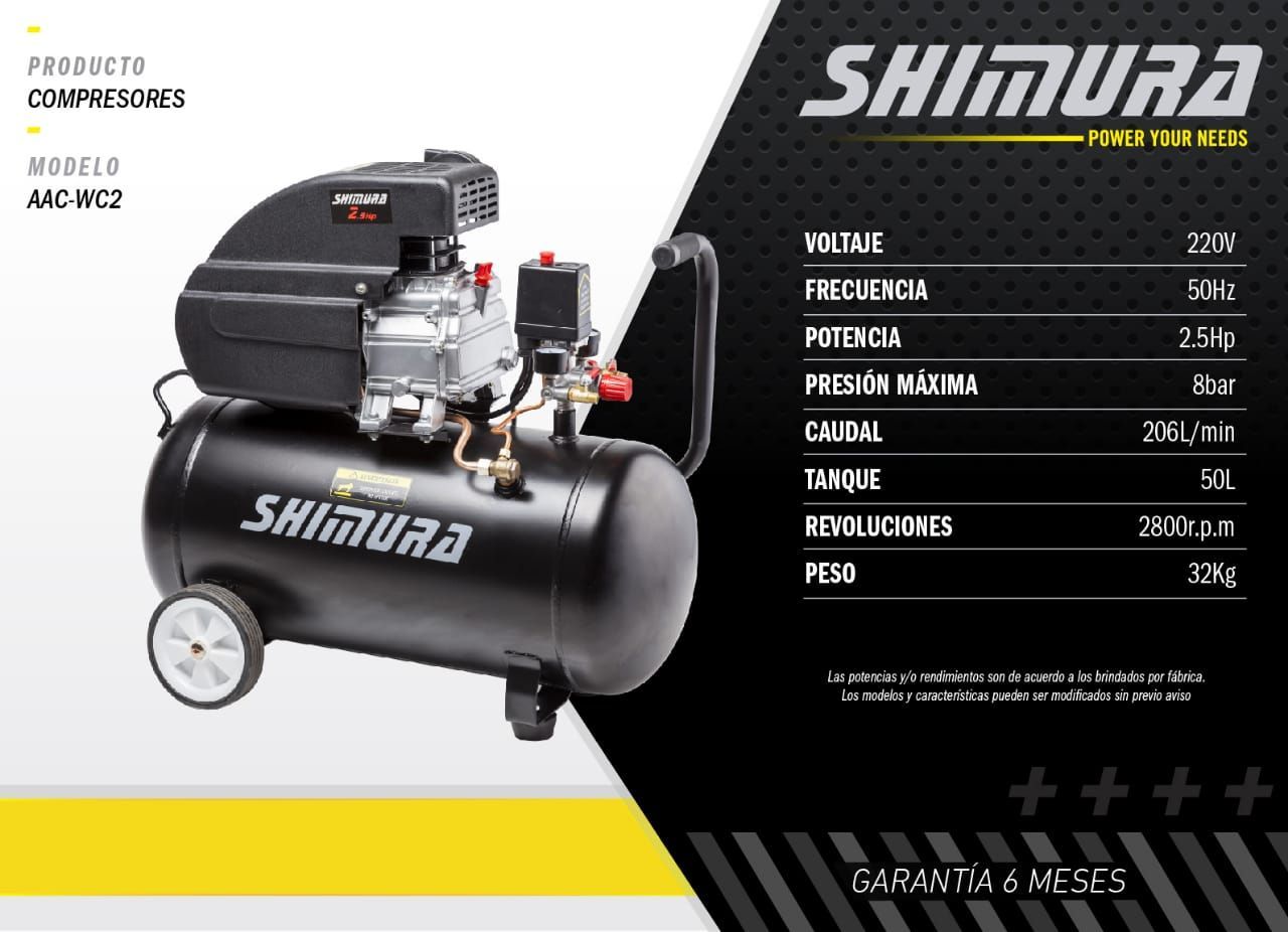 Compresor de aire Shimura negro con especificaciones enumeradas sobre un fondo blanco y negro.