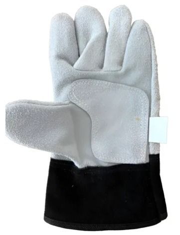 Guante de soldadura de cuero gris y negro.