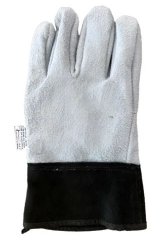 Guante de soldadura de cuero gris y negro.