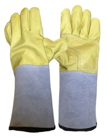 Guantes de trabajo de piel de color amarillo con puños grises.