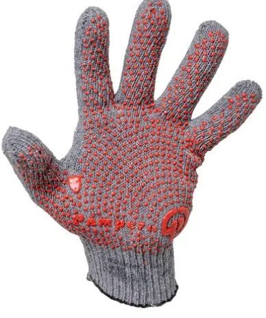 Guante de trabajo gris con puntos de goma rojos.