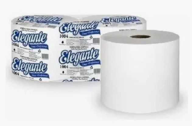 Rollos de papel toalla de color blanco, uno individual y dos paquetes, con etiqueta de la marca “Elegante”.
