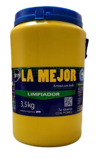 Envase amarillo de producto de limpieza con tapa y etiqueta azules. Indica 